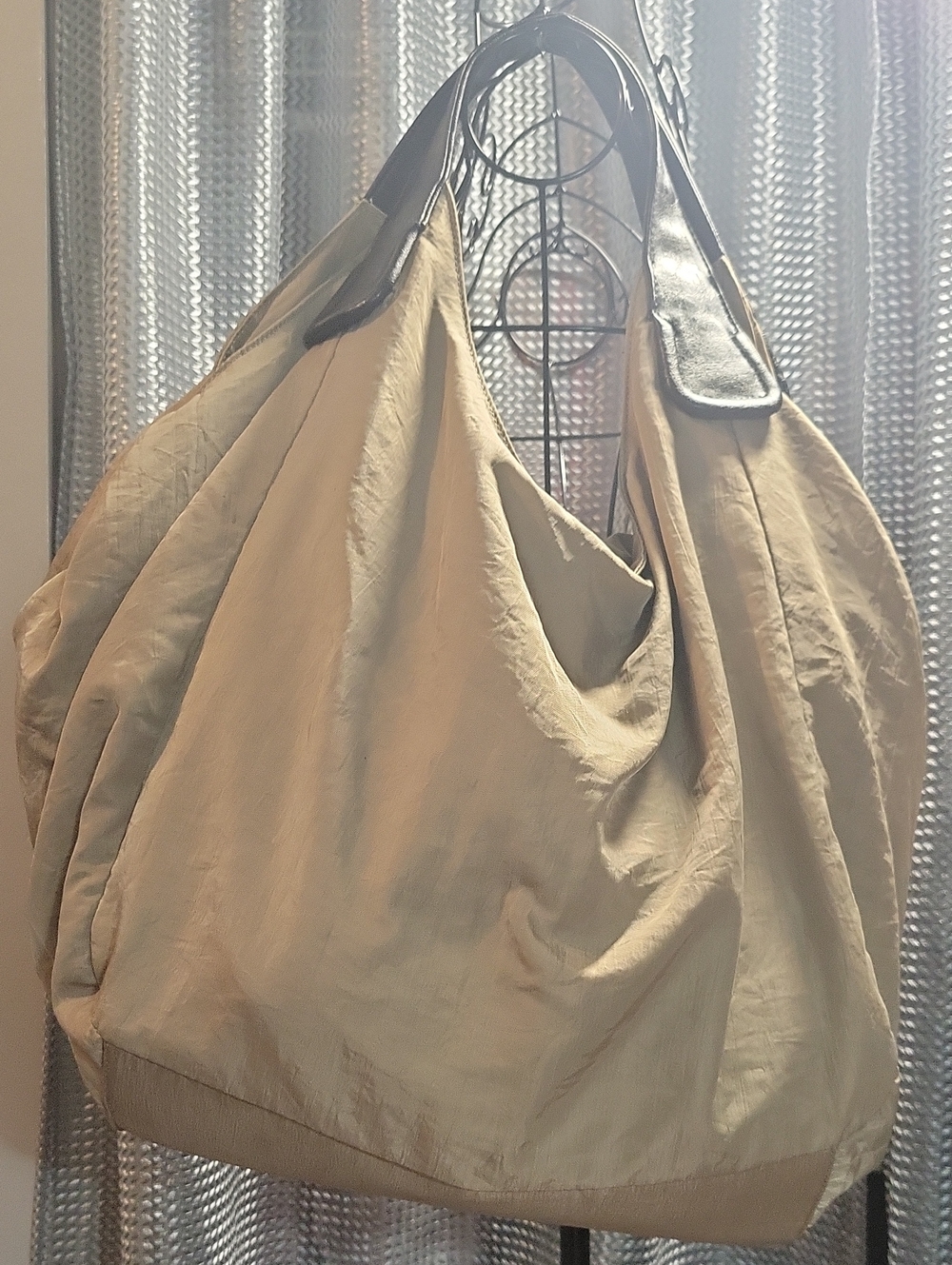 Boho Oversized Cream Shoulder Tote Bag with Dark Brown Handles